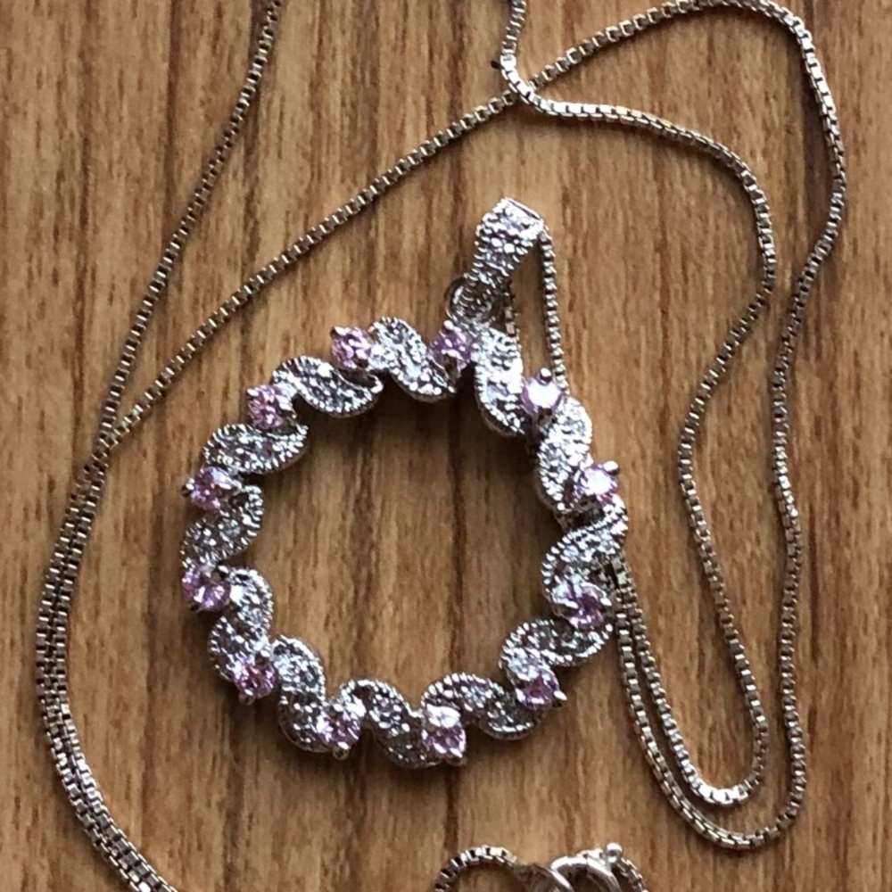 Sterling Silver Pink and Clear Rhinestone Eternity Circle Necklace